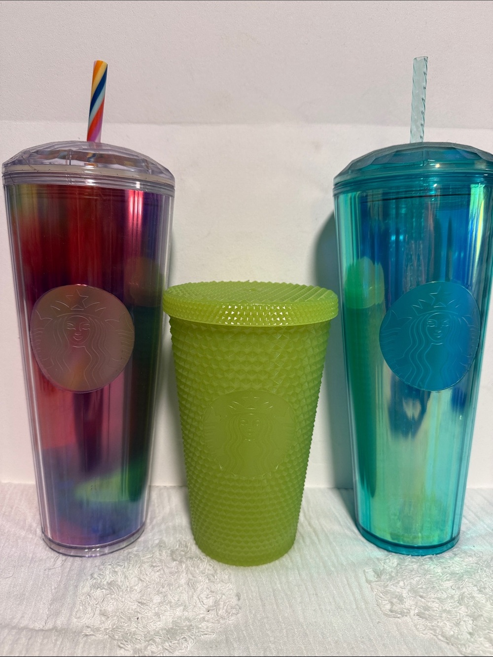 Starbucks Multicolor Iridescent Tall Tumblers with Neon Green Studded Cup